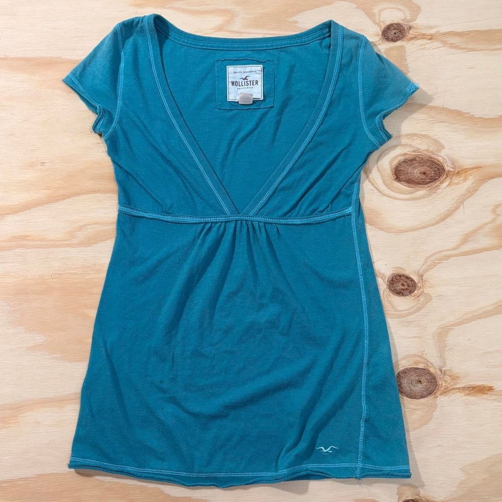 Y2K Hollister Blue Babydoll Blouse Top Size S V-neck
